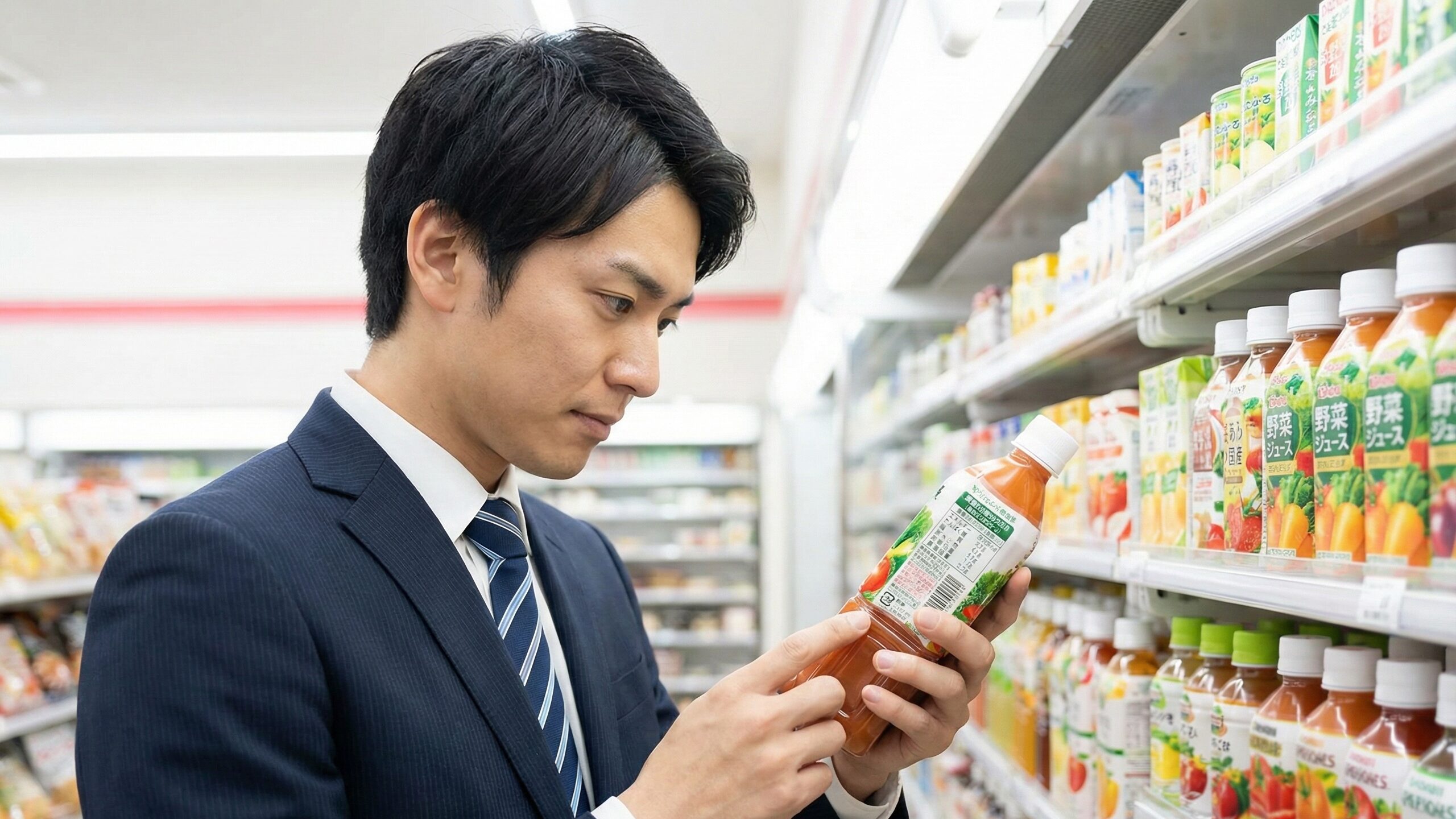 飲み物から効率よく食物繊維を摂取するため、購入前に成分ラベルで添加物や栄養素を確認するビジネスマン。