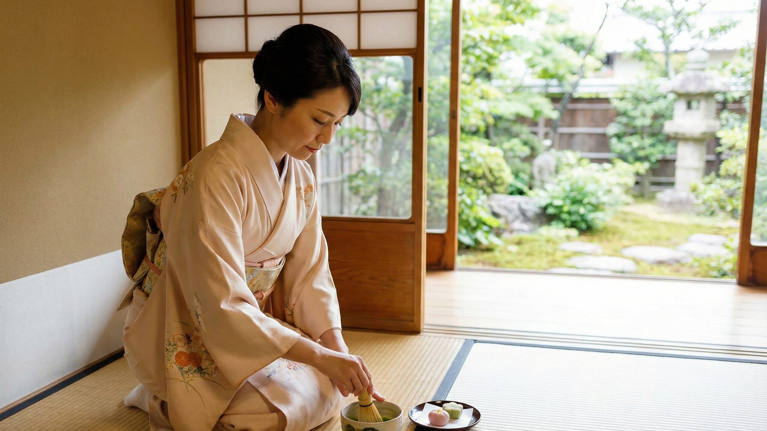 茶道を通じて食物繊維が豊富な抹茶を楽しむ女性。お茶を粉末のまま飲むことで効率的に栄養を摂取。