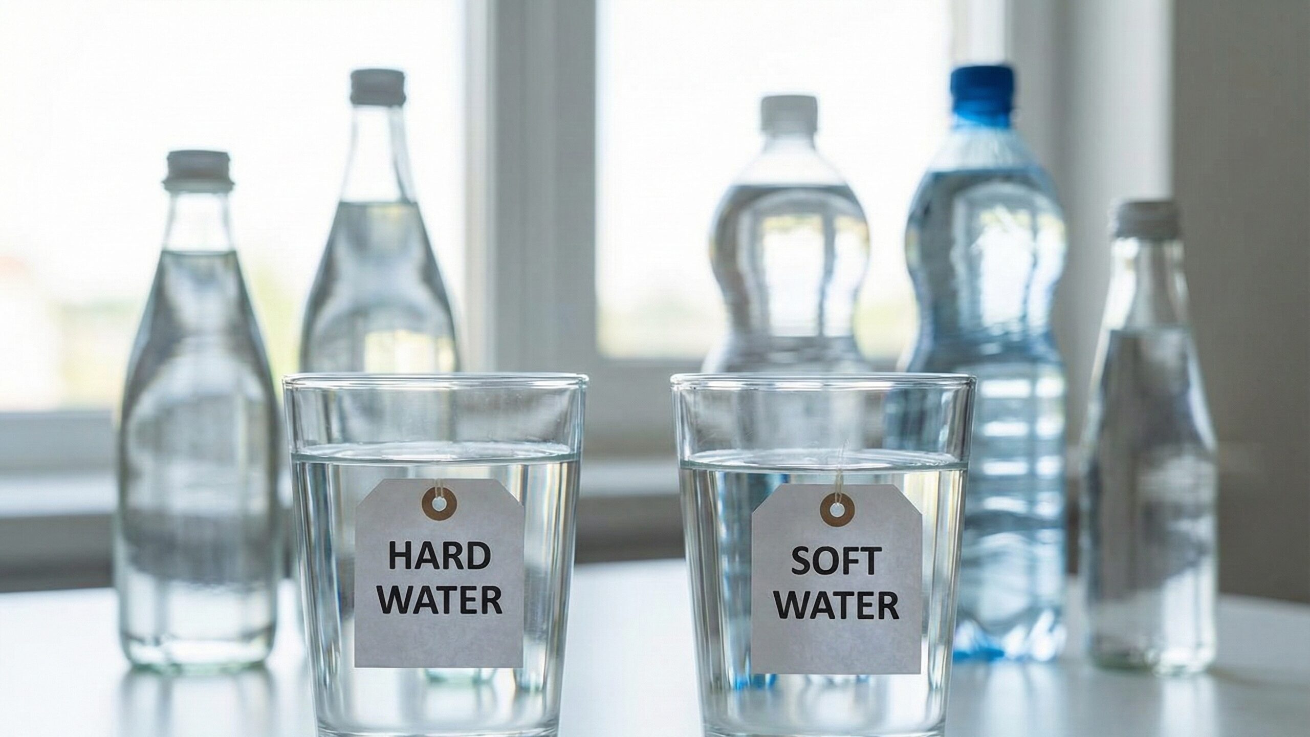 「HARD WATER」と「SOFT WATER」のタグがついた2つのグラスと、背景に並ぶ数種類のミネラルウォーターのボトル。