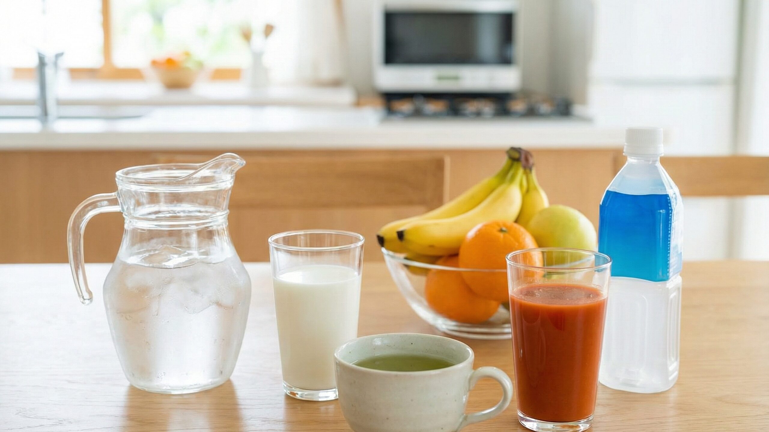 ミネラルが多い飲み物の代表であるスポーツドリンクや牛乳、お茶、野菜ジュースと、バナナオレンジなどの新鮮な食材。