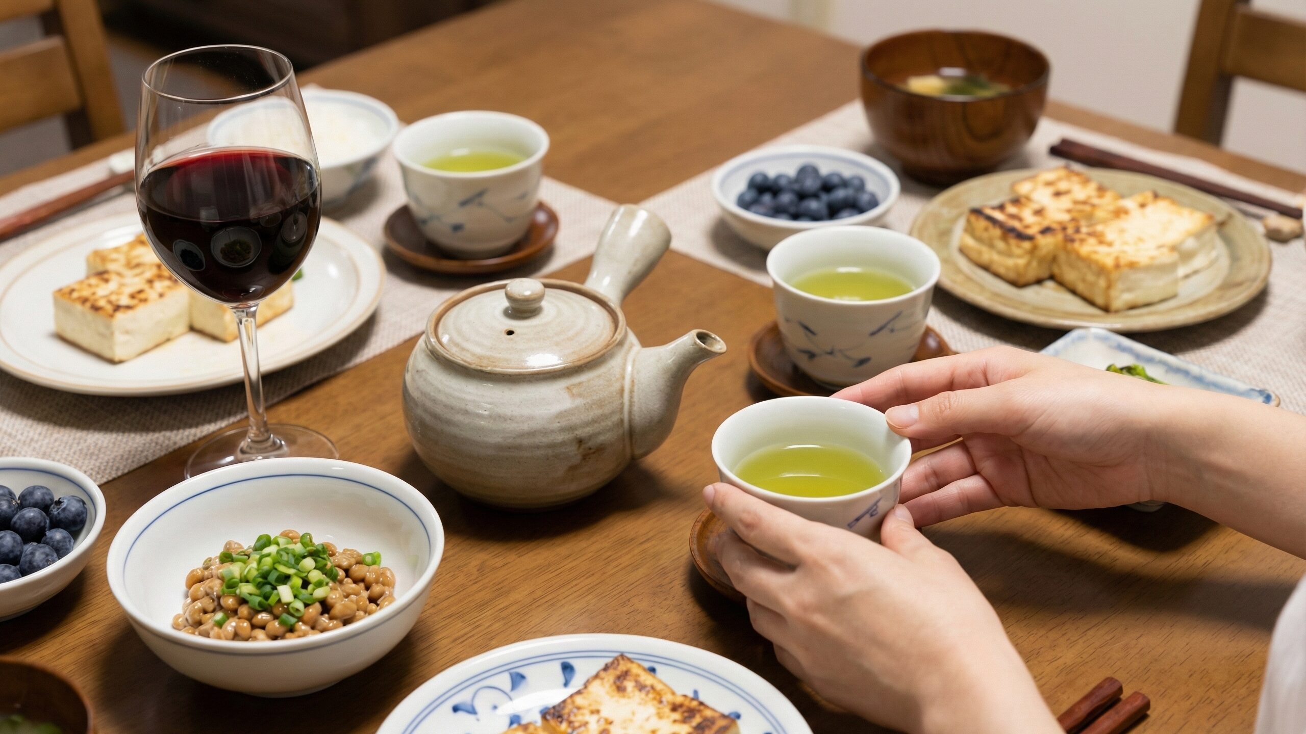 緑茶や大豆製品など様々な種類のポリフェノールを豊富に含む献立