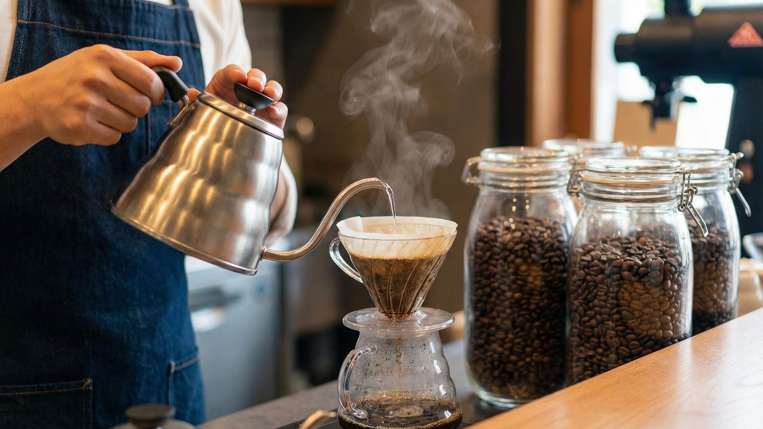 クロロゲン酸などのポリフェノールが含まれるコーヒーをハンドドリップする様子