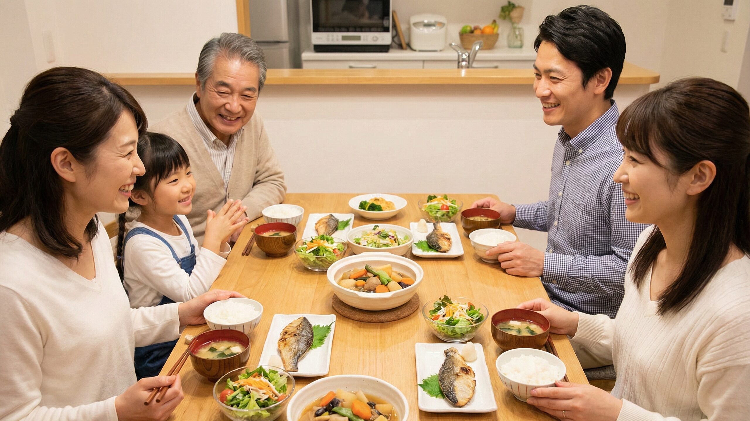 魚料理を中心にミネラル豊富な副菜が並ぶ食卓で食事を楽しむ家族