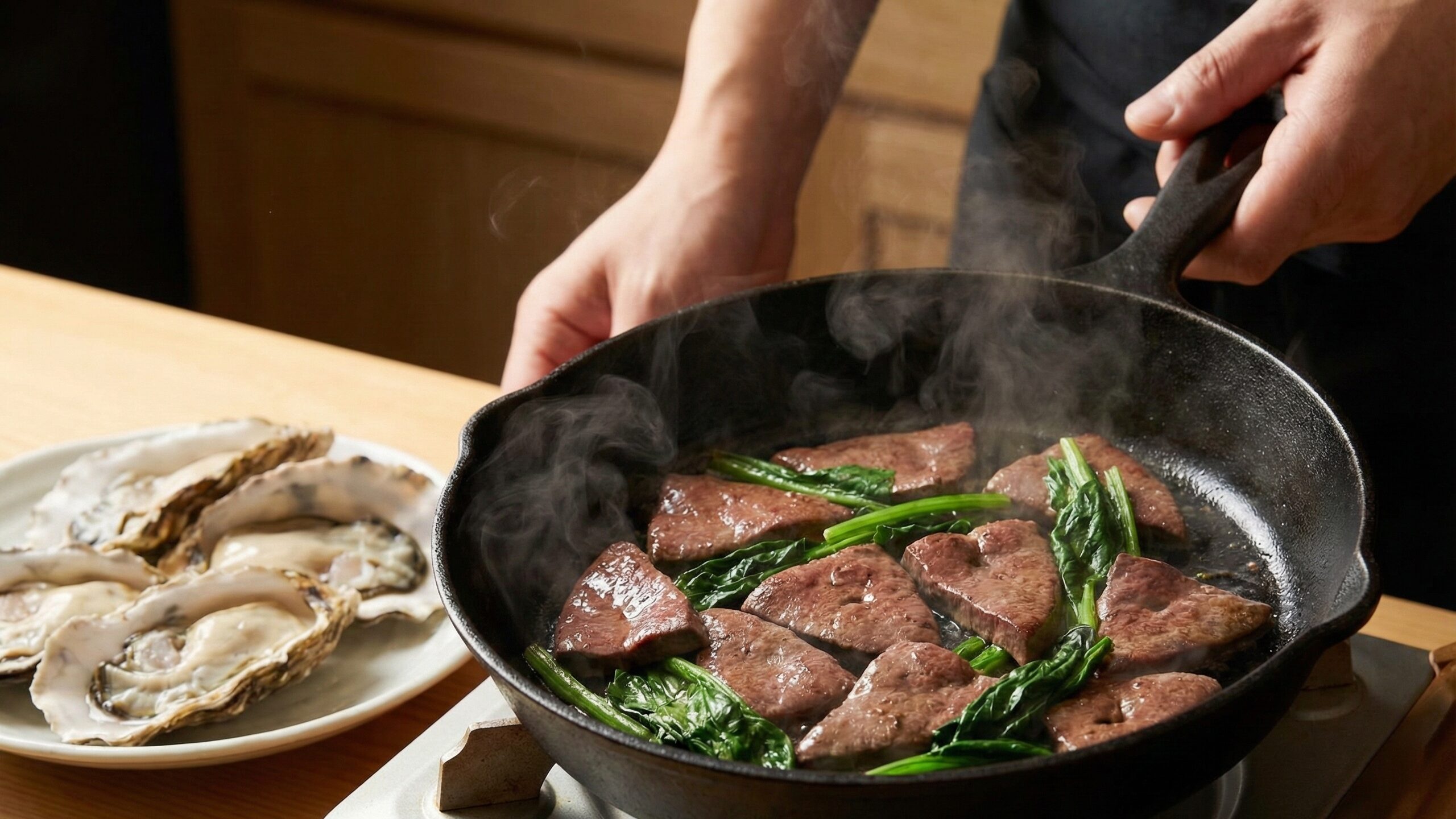 レバー、ほうれん草、牡蠣といったミネラルを多く含む食品の調理風景