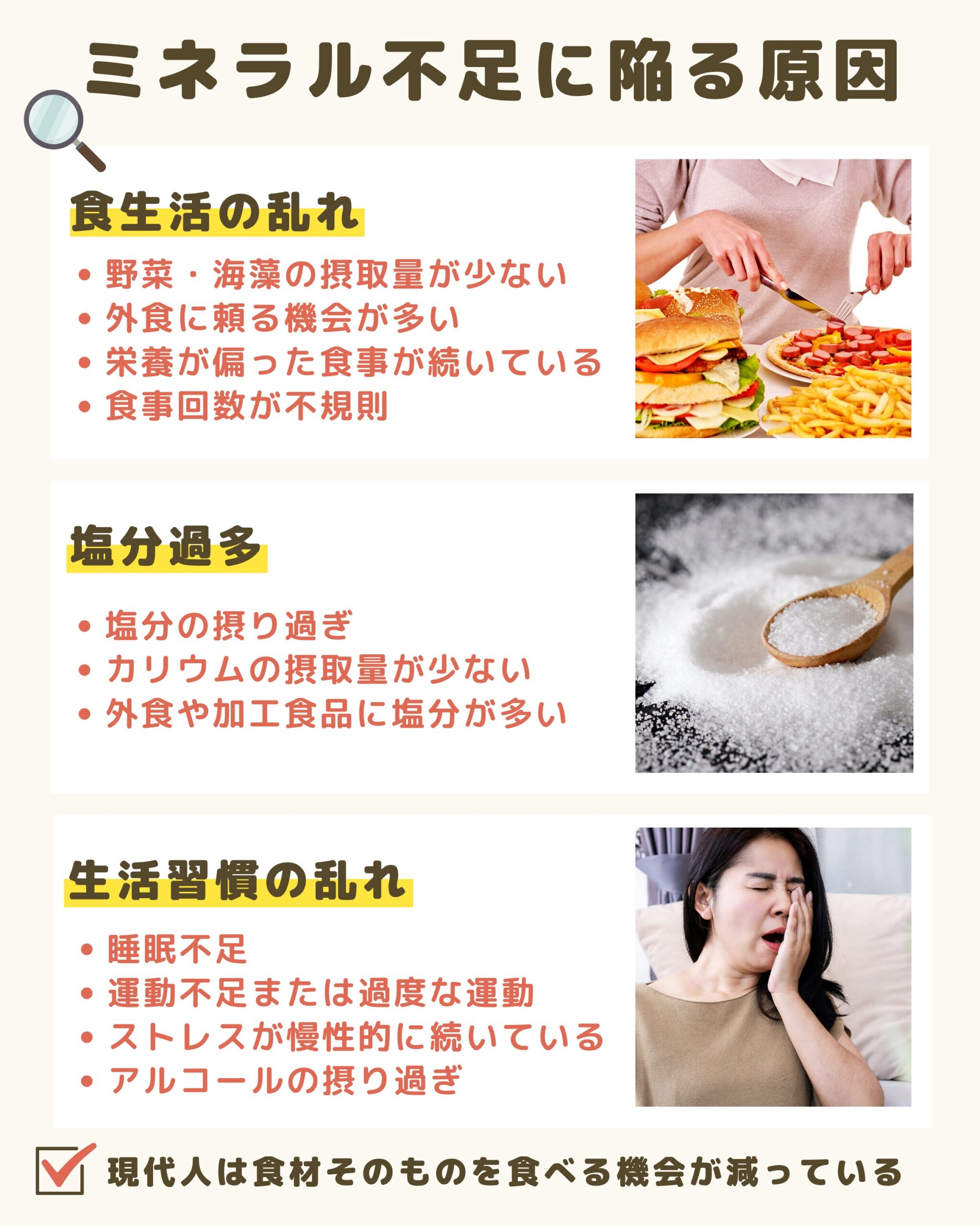 現代人がミネラル不足に陥る原因である食生活の乱れ、塩分過多、生活習慣の乱れを解説