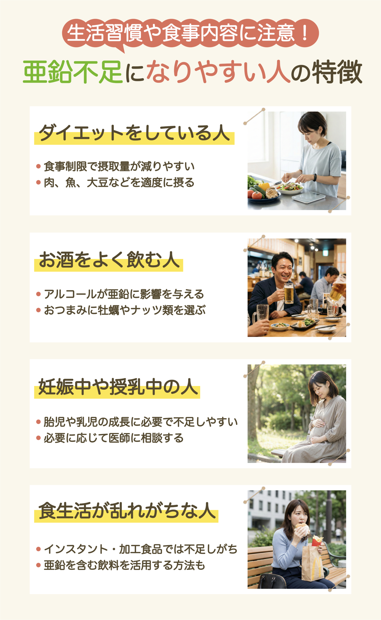 ダイエット中やお酒を飲む人など、亜鉛不足になりやすい人の特徴と対策をまとめた図解。