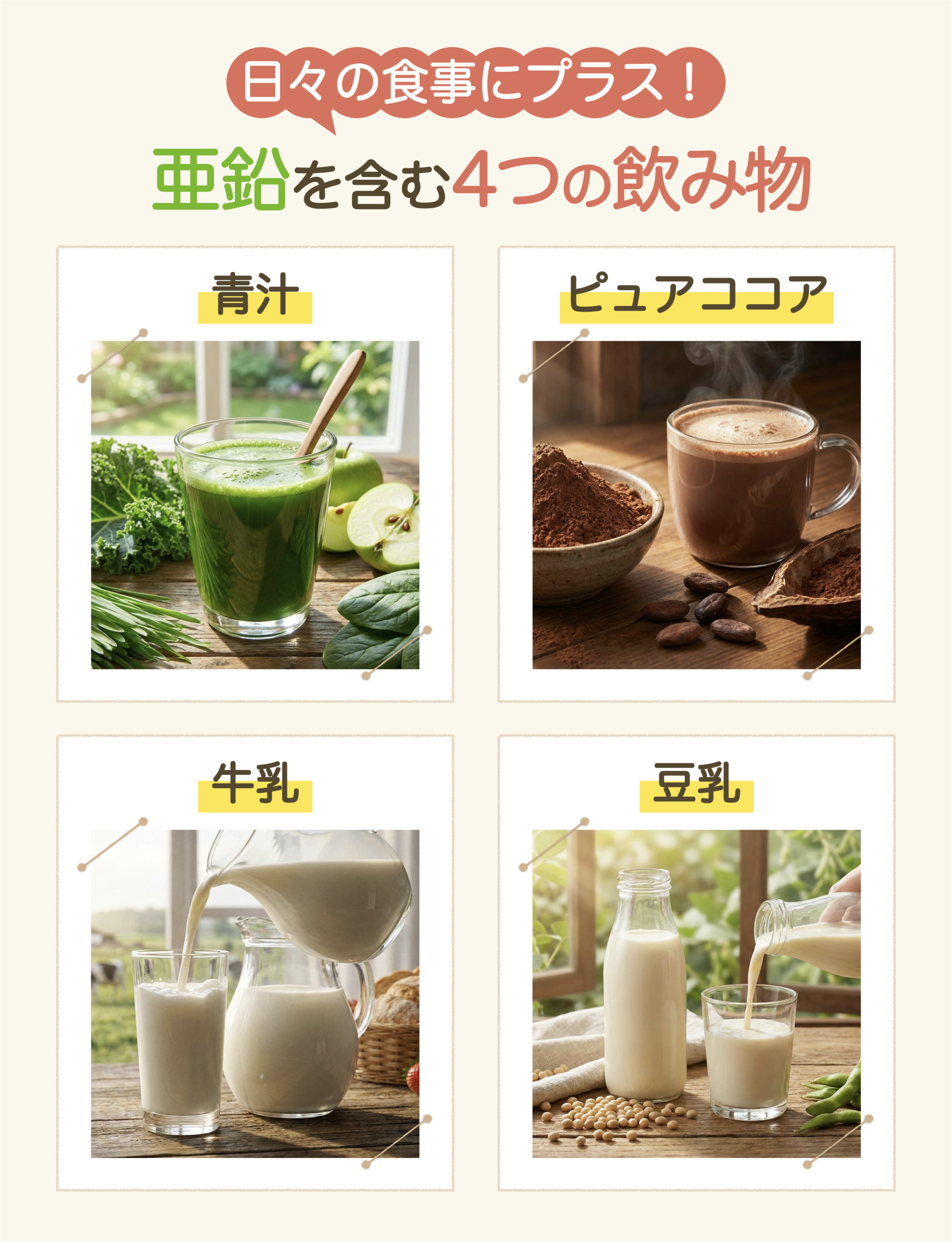 亜鉛を含む4つの飲み物として、青汁、ピュアココア、牛乳、豆乳の4種類の飲み物の写真と名前を並べて紹介している図解。