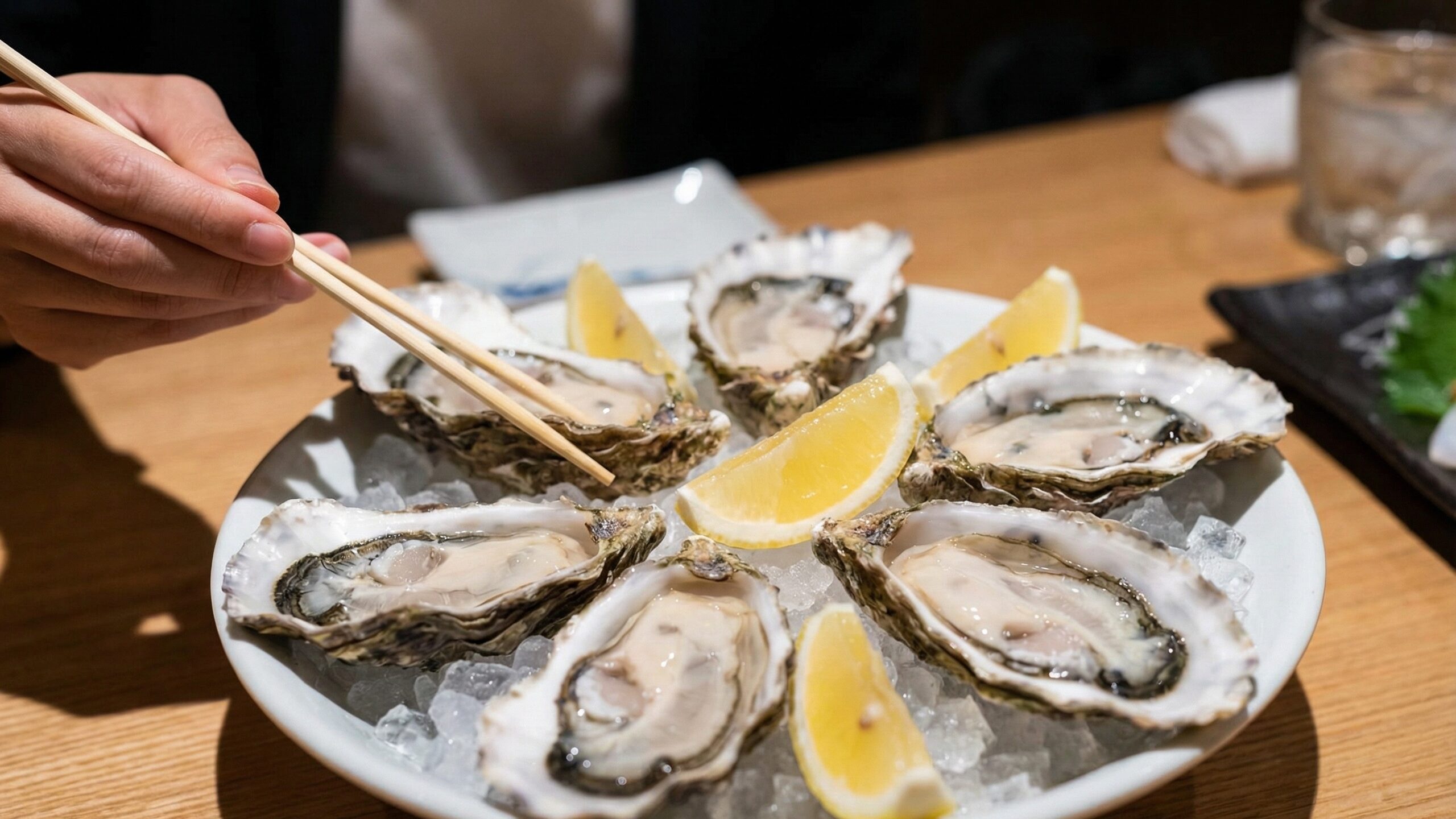 亜鉛を豊富に含む食べ物の代表格である生牡蠣をレモンと一緒に味わう食事風景。