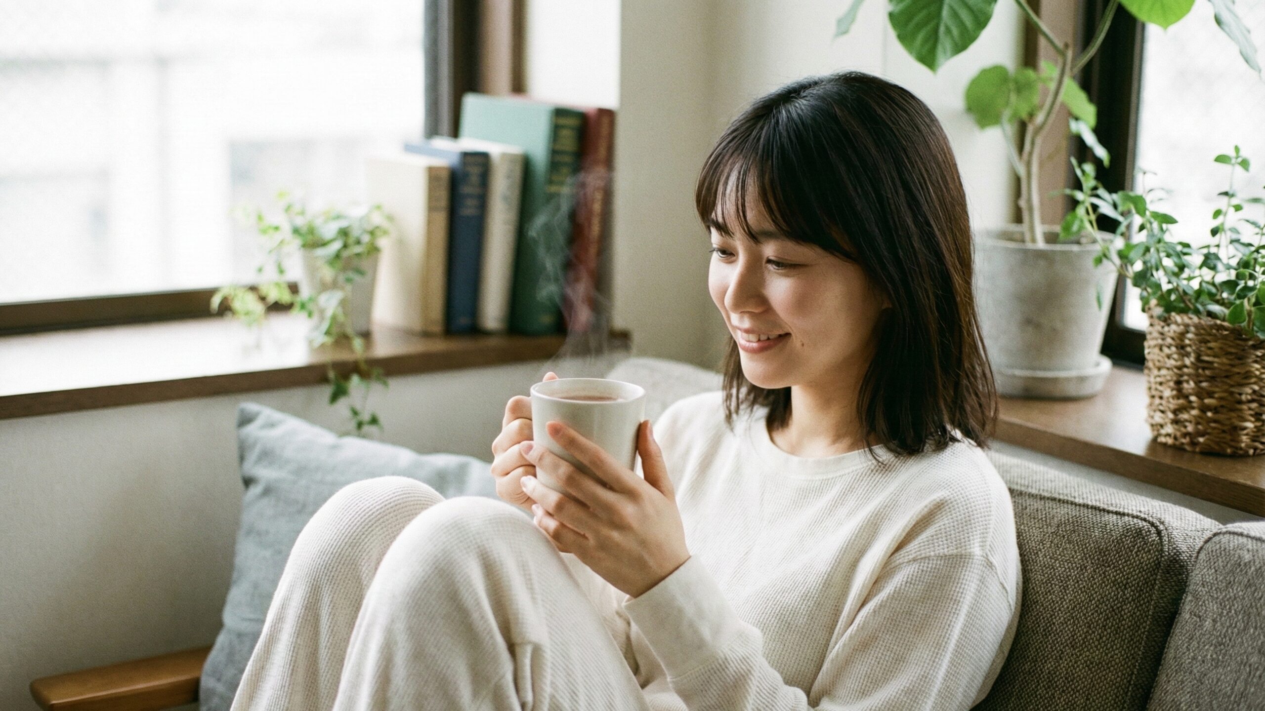 リラックスタイムに亜鉛を含む温かい飲み物を楽しみながら、家でくつろぐ女性。