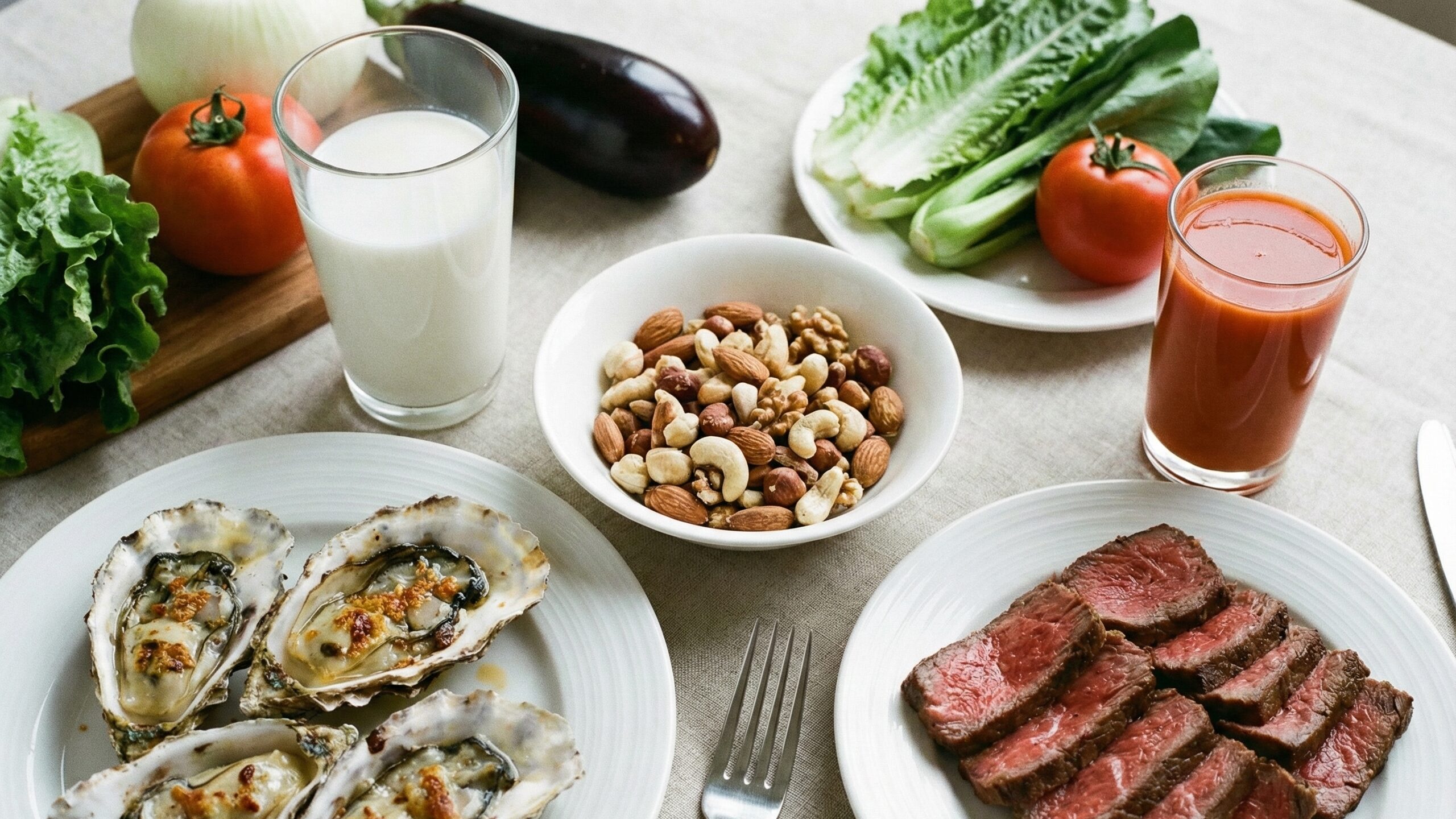 牡蠣や赤身肉、ナッツ、牛乳、野菜ジュースなど亜鉛を多く含む食材と飲み物。