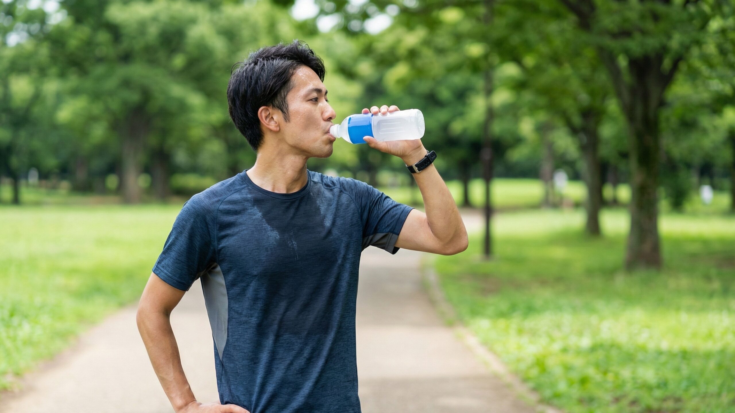 ジョギングなどの運動中に、失われた水分を補うためボトル飲料で適切に水分補給を行う男性。