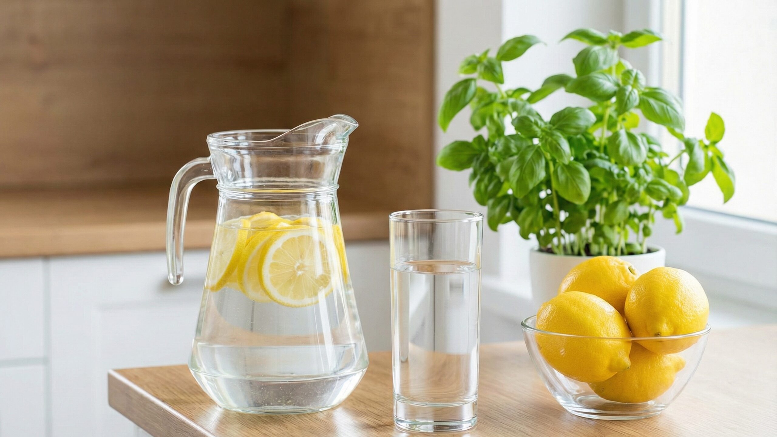 効果的な水分補給のために用意された、フレッシュなレモンが添えられたレモン水。