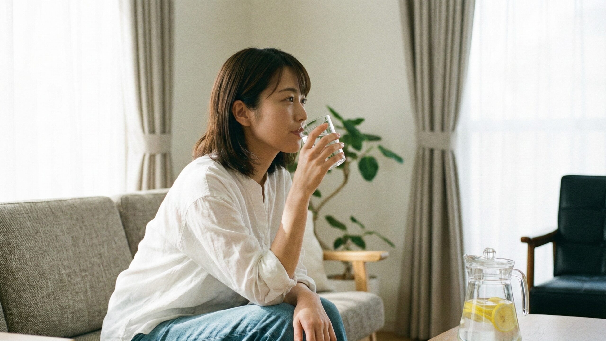 水分補給にならない飲み物を避け、カフェインレスの麦茶と水で効率的に水分補給を行う女性。