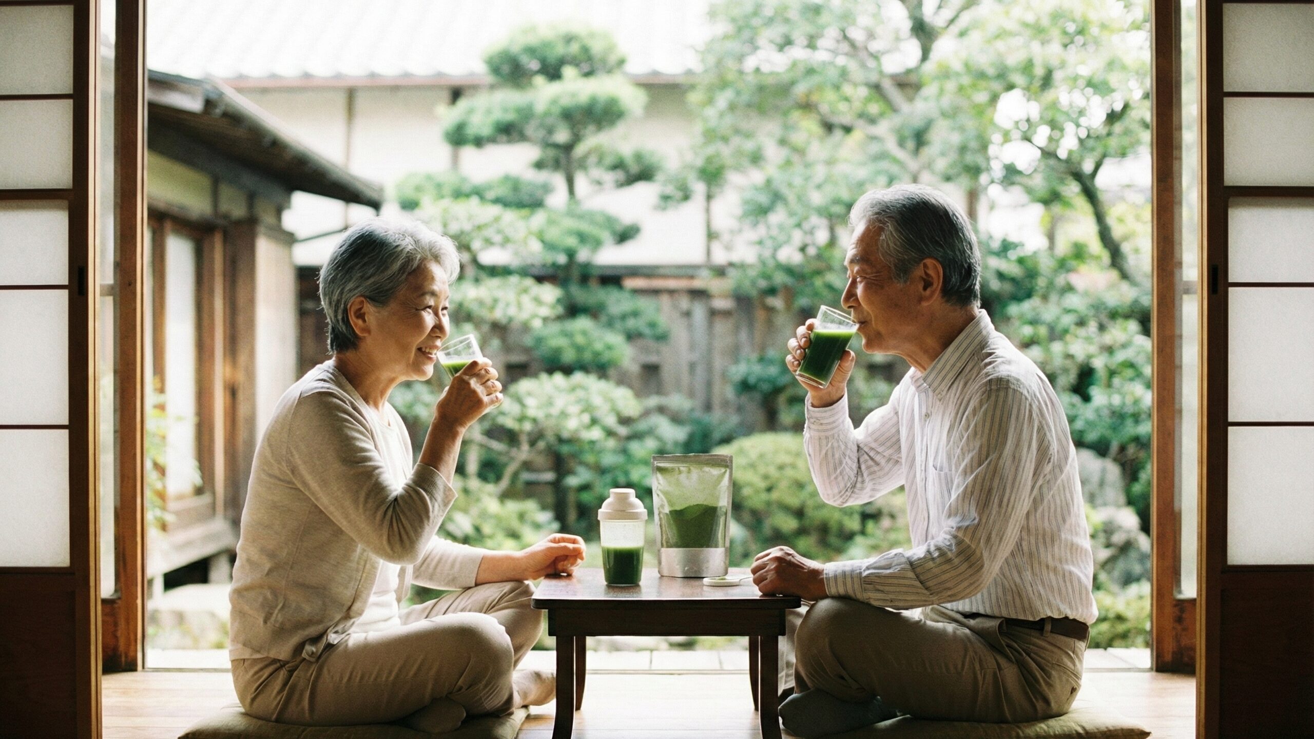 鉄分の多い飲み物として高齢者にも人気の青汁を和室の縁側で楽しむシニア夫婦