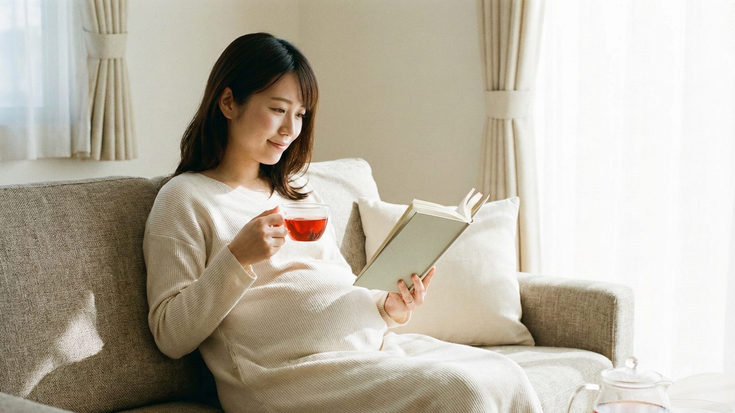 妊娠中の鉄分補給におすすめなノンカフェインの飲み物をソファで寛ぎながら飲む妊婦