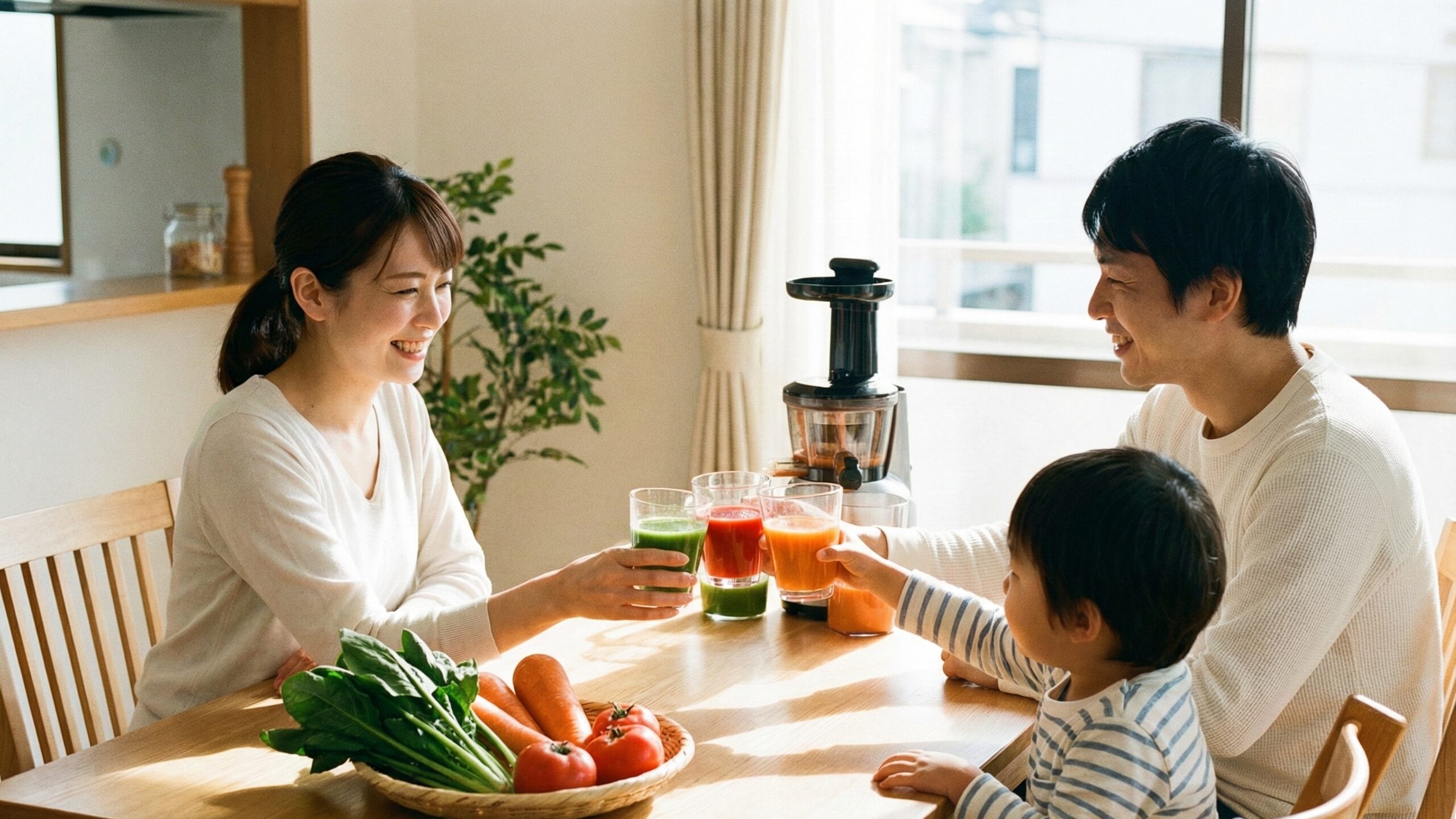 明るいダイニングテーブルで野菜ジュースを飲んで微笑む親子