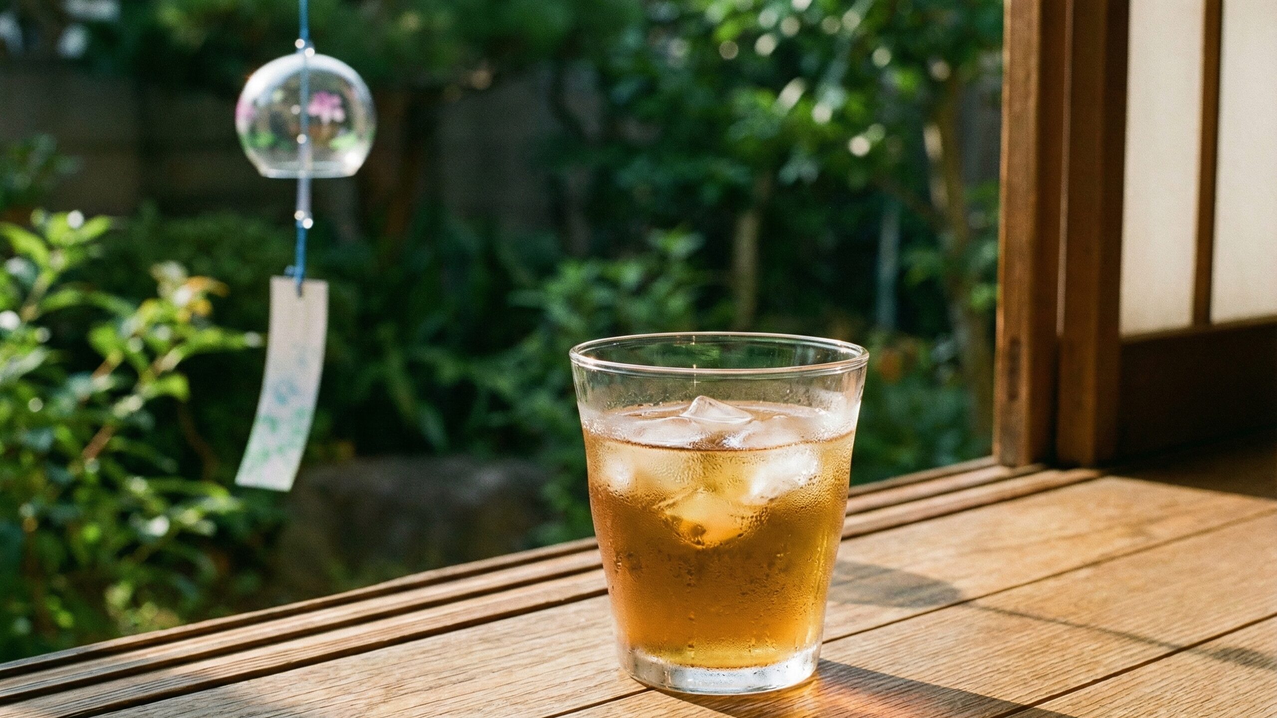 ポリフェノールが含まれる冷たい麦茶が縁側に置かれ、風鈴が揺れている。