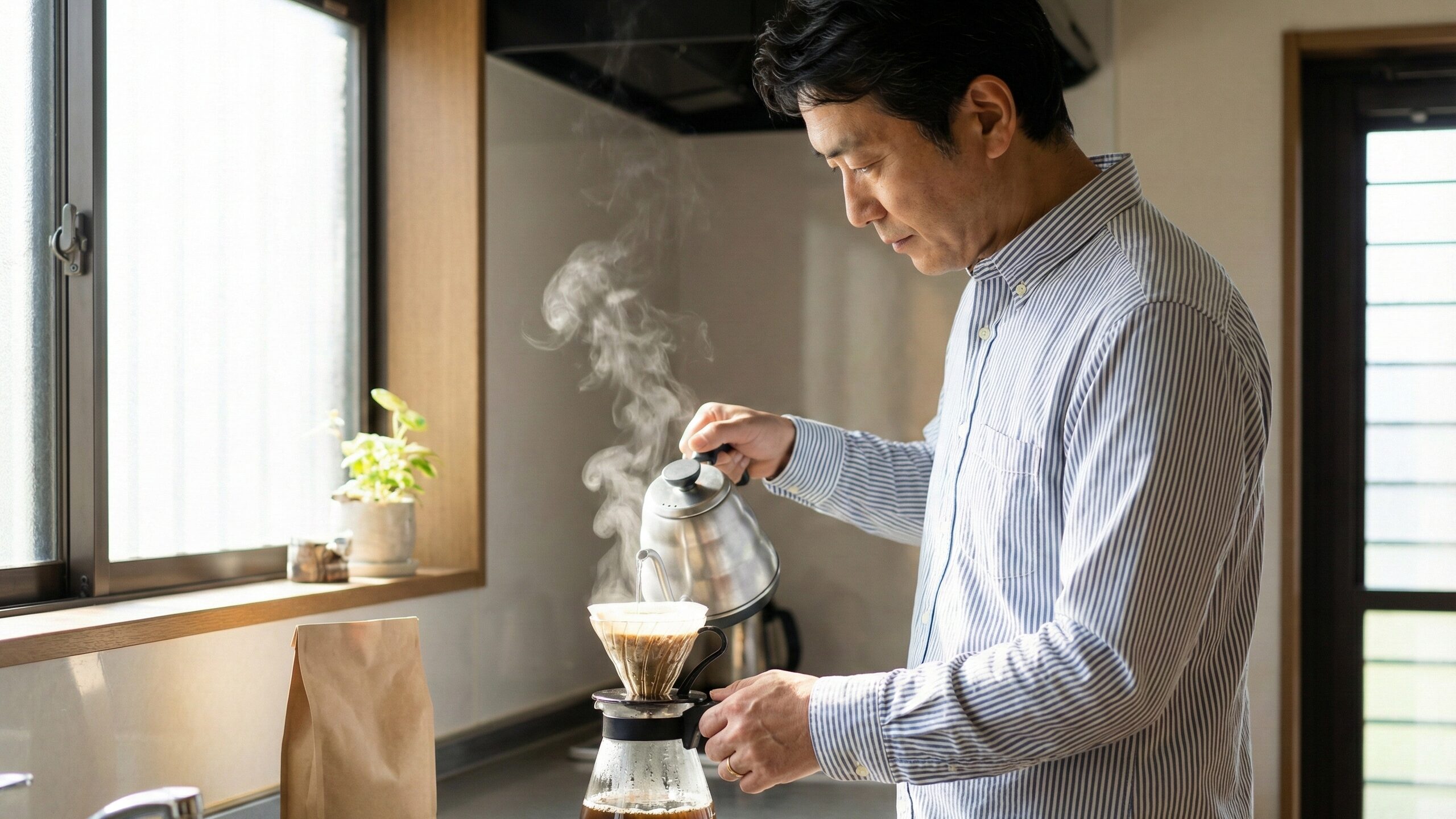 ポリフェノールが豊富なコーヒーを、自宅のキッチンでハンドドリップする男性。