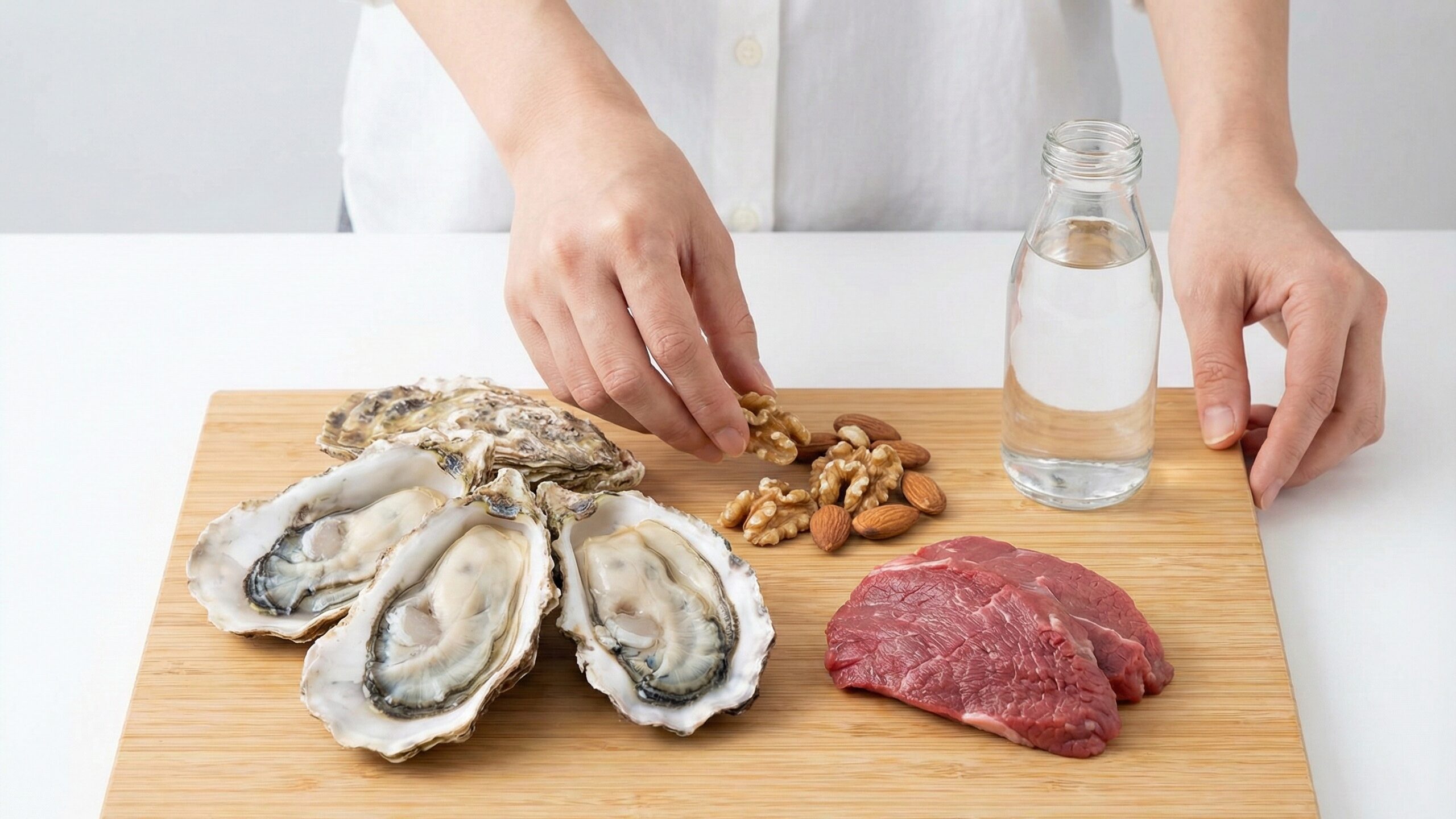 LPSと共に摂取したい亜鉛が豊富な食品。生牡蠣や赤身肉、クルミなどのナッツ類を盛り合わせたイメージ。