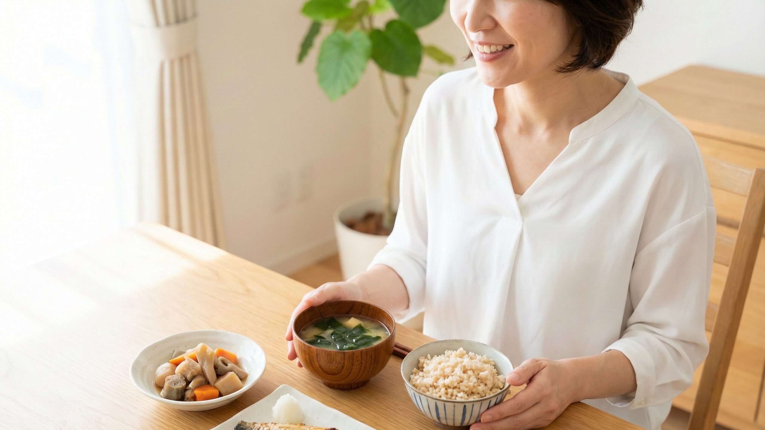LPSが含まれる玄米や根菜の煮物を、日々の食事に取り入れて健康を意識する女性。