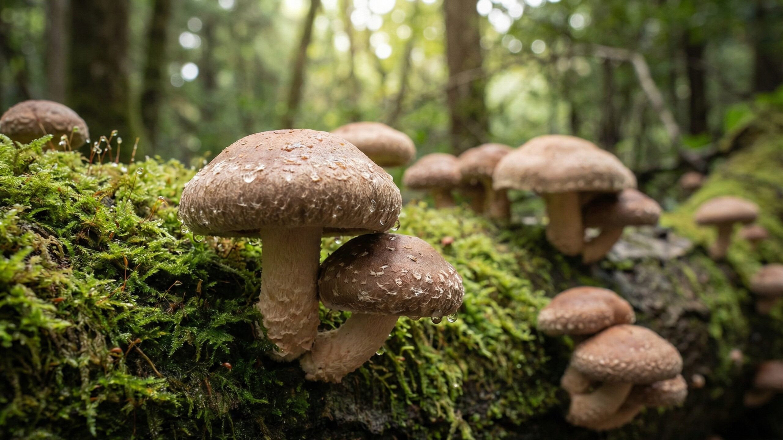 森の自然な環境で育ち、LPSを多く含有する、苔の生えた倒木から自生するしいたけ。