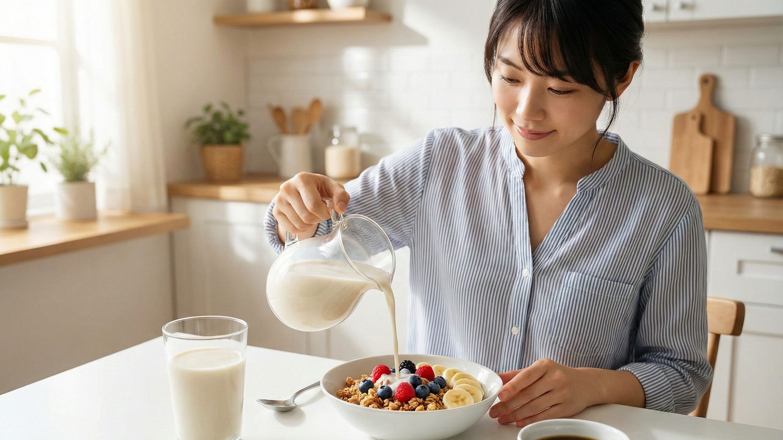健康的な摂り入れ方の例として、朝食のシリアルにオーツミルクを注いで楽しむ女性の姿。