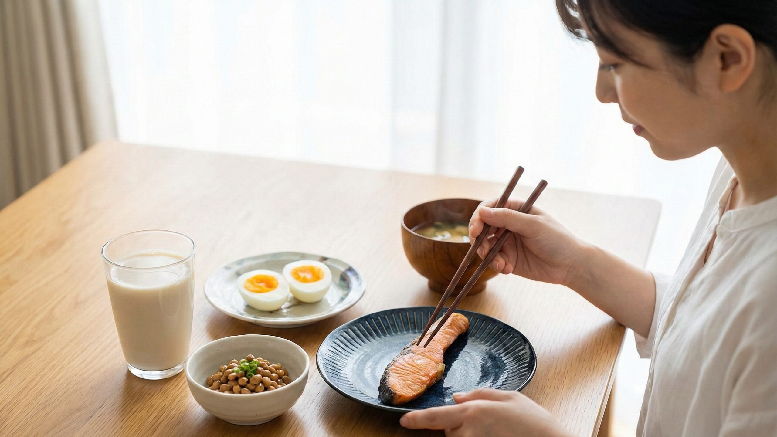 オーツミルクのデメリットを補う食べ合わせ。焼き鮭や卵、納豆などの和食と組み合わせた献立例。