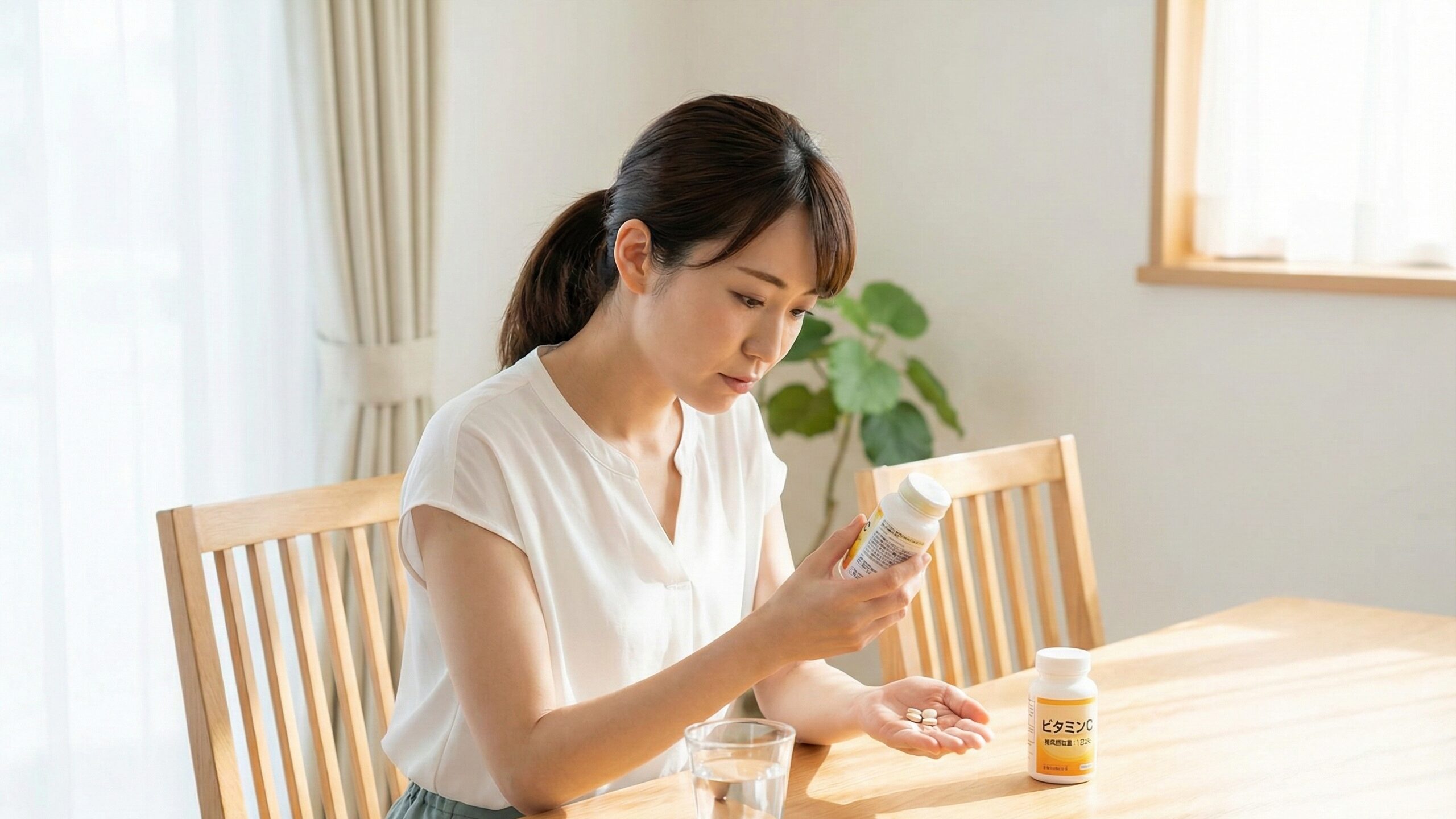 サプリメントのパッケージを見つめる女性