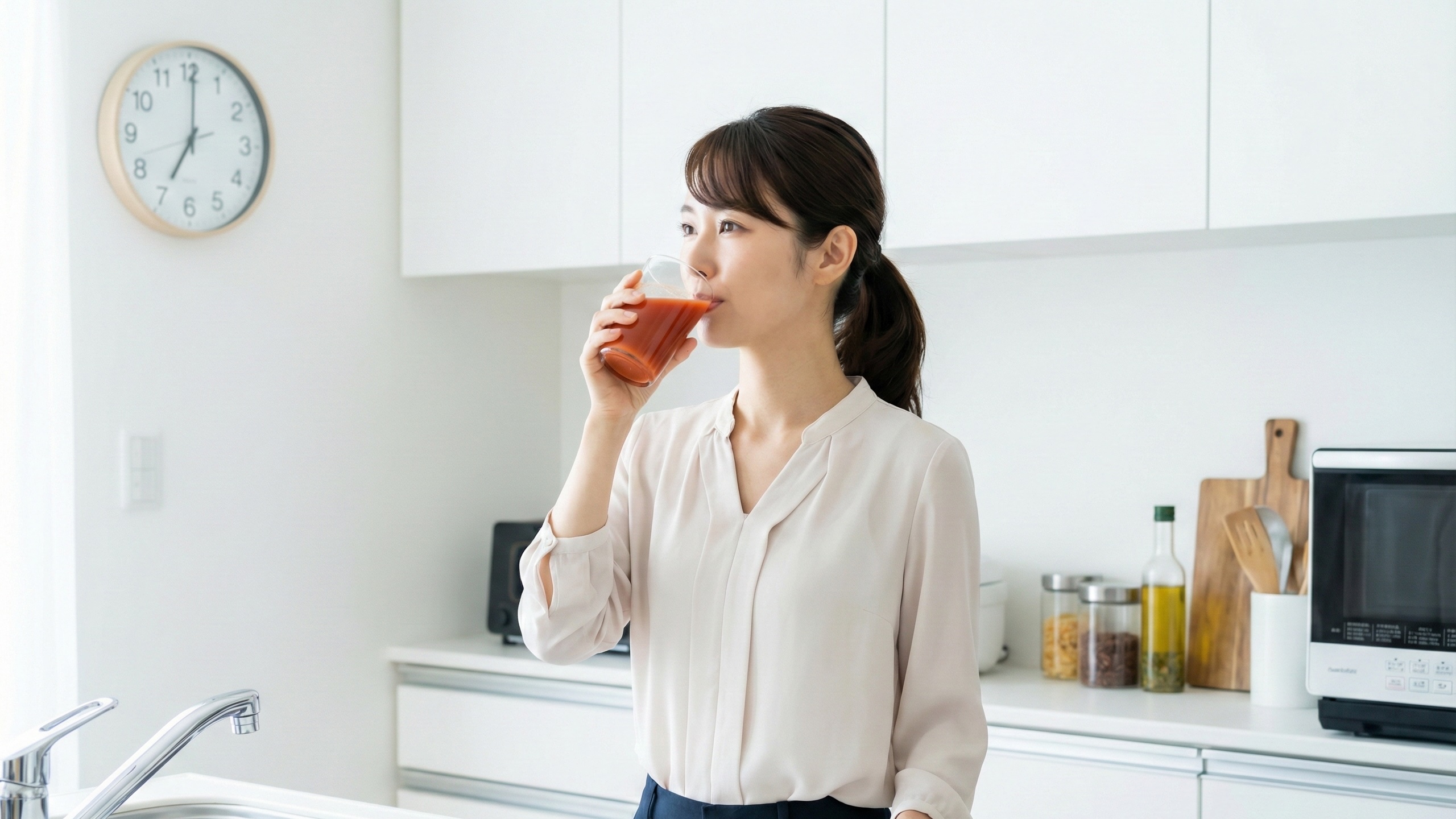 毎日トマトジュースを飲み続ける女性。健康習慣としてのメリットと適量を意識した摂取シーン。