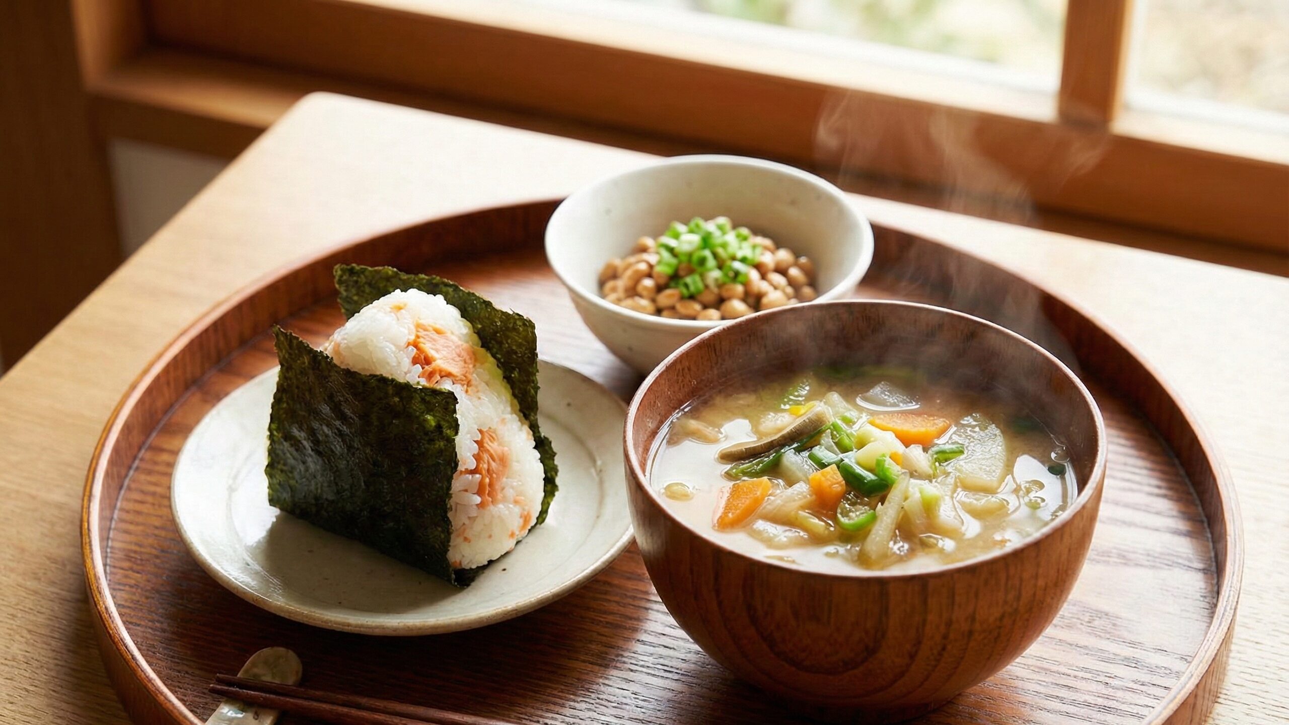 鮭おにぎりや納豆、具だくさん味噌汁の健康的な食事