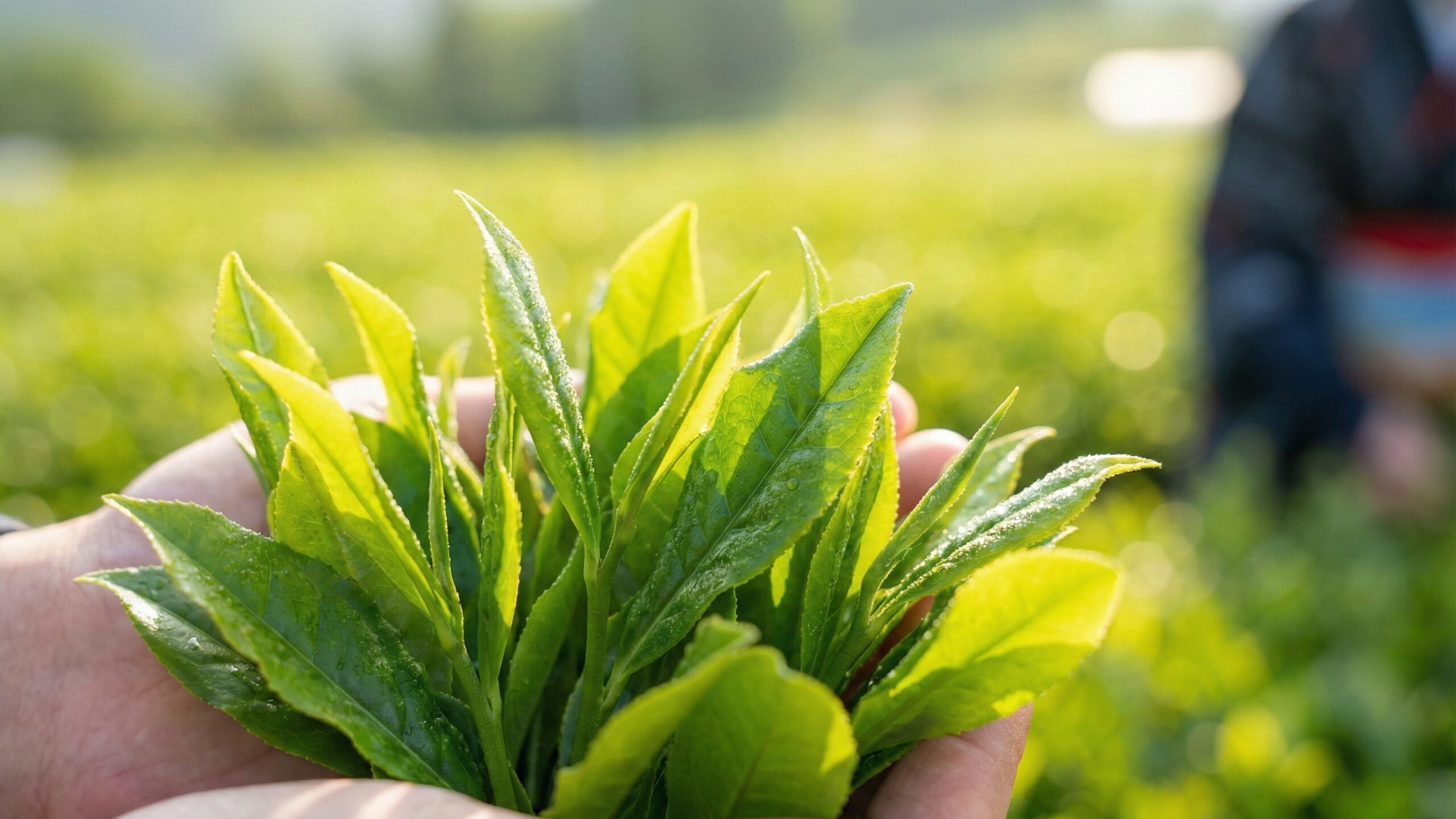 毎日飲む緑茶の健康効果を左右する新鮮な茶葉。茶畑で収穫されたばかりの若葉。