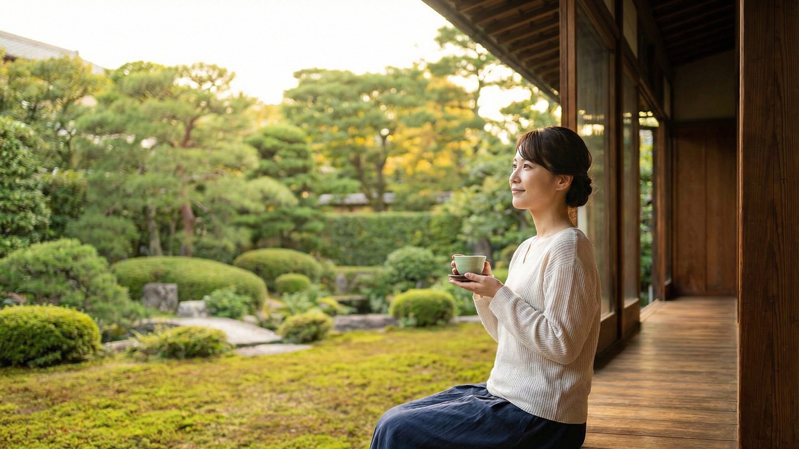 心身を整える健康習慣として、美しい庭園を眺めながら縁側でゆっくりと緑茶を味わう女性。