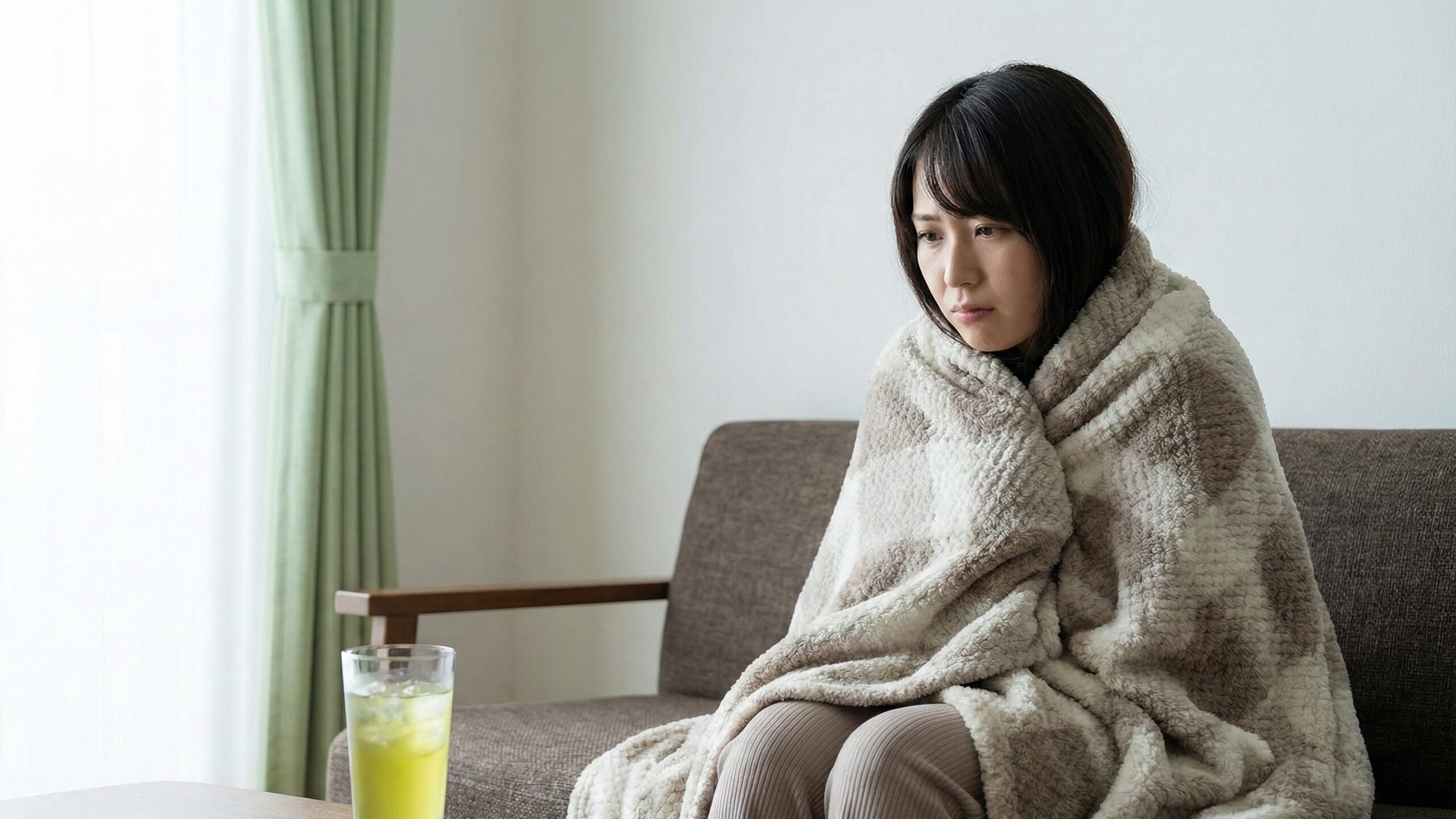 緑茶を毎日飲みすぎるデメリットとして注意したい体の冷え。冷たいお茶を前に寒がる女性。
