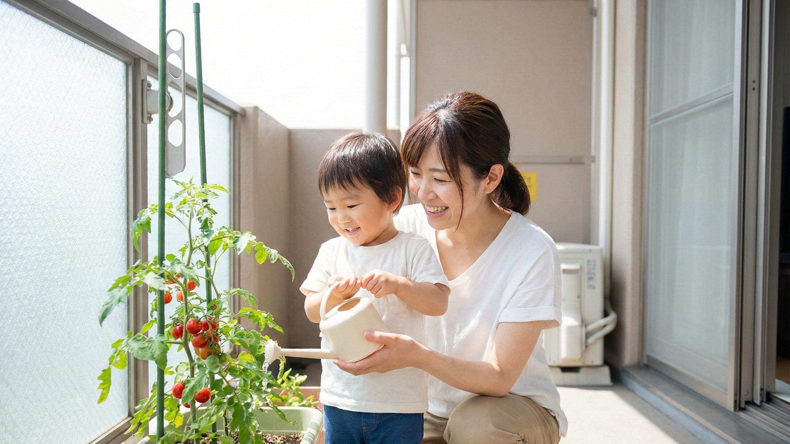 日当たりの良いベランダでミニトマトを育てる親子