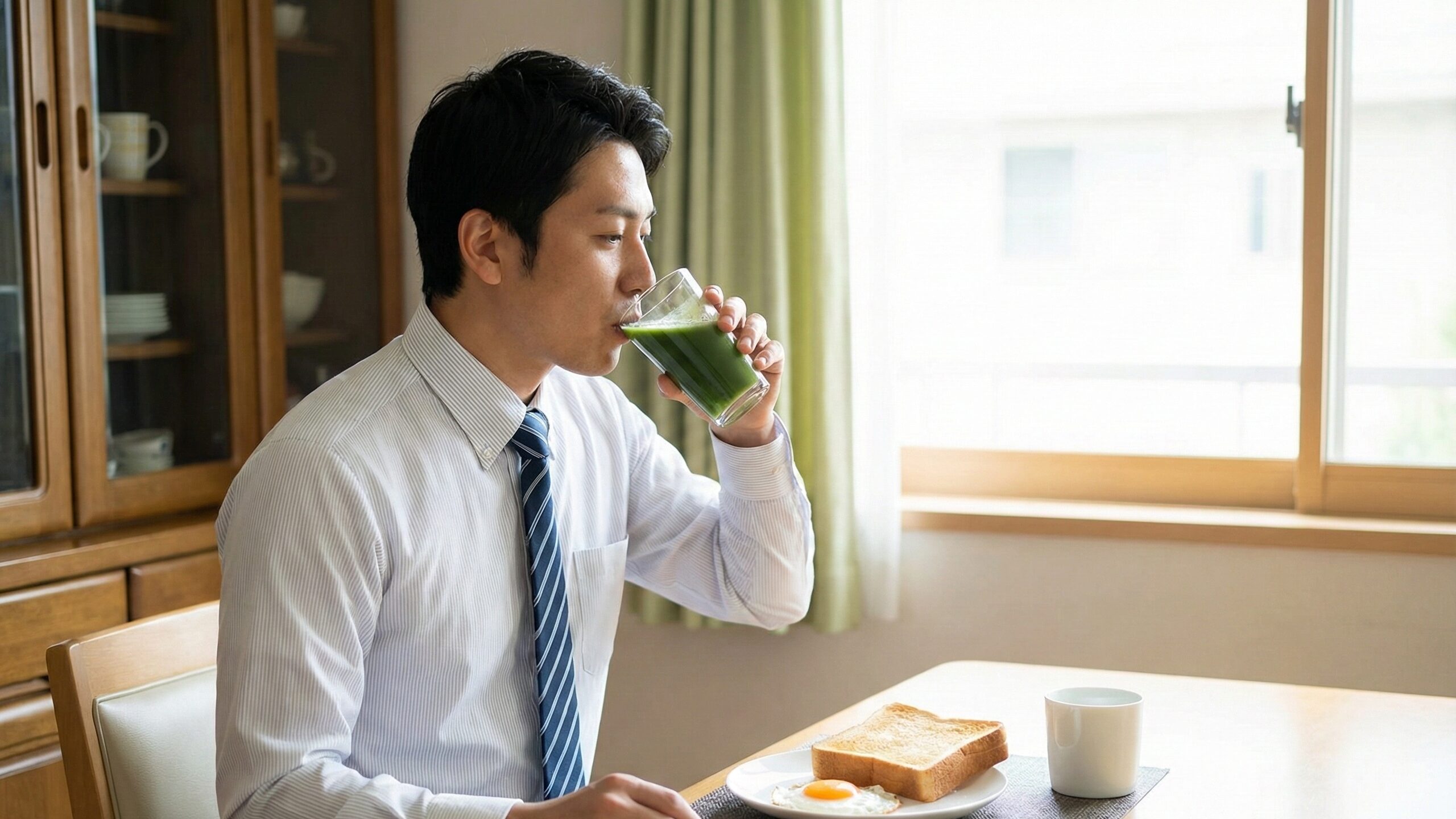 朝食時にグラス一杯の青汁を飲むビジネスマンの男性
