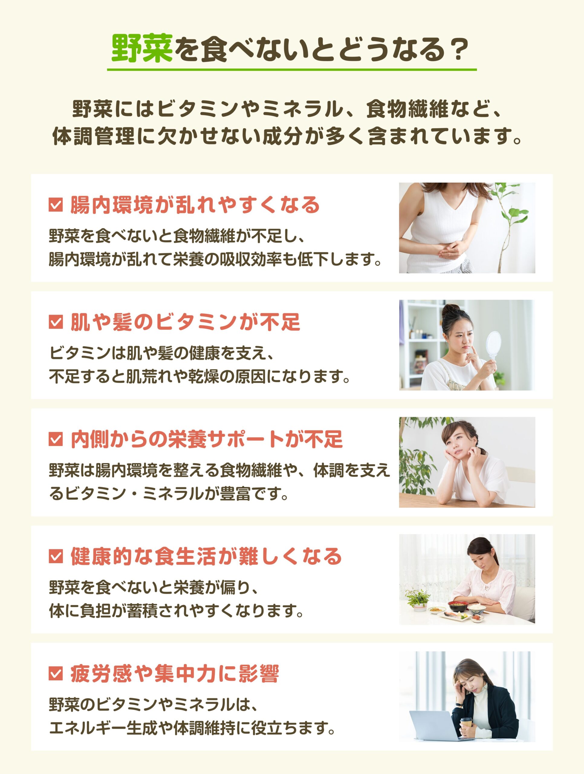 野菜を食べないことで起こる可能性のある影響を記した図解