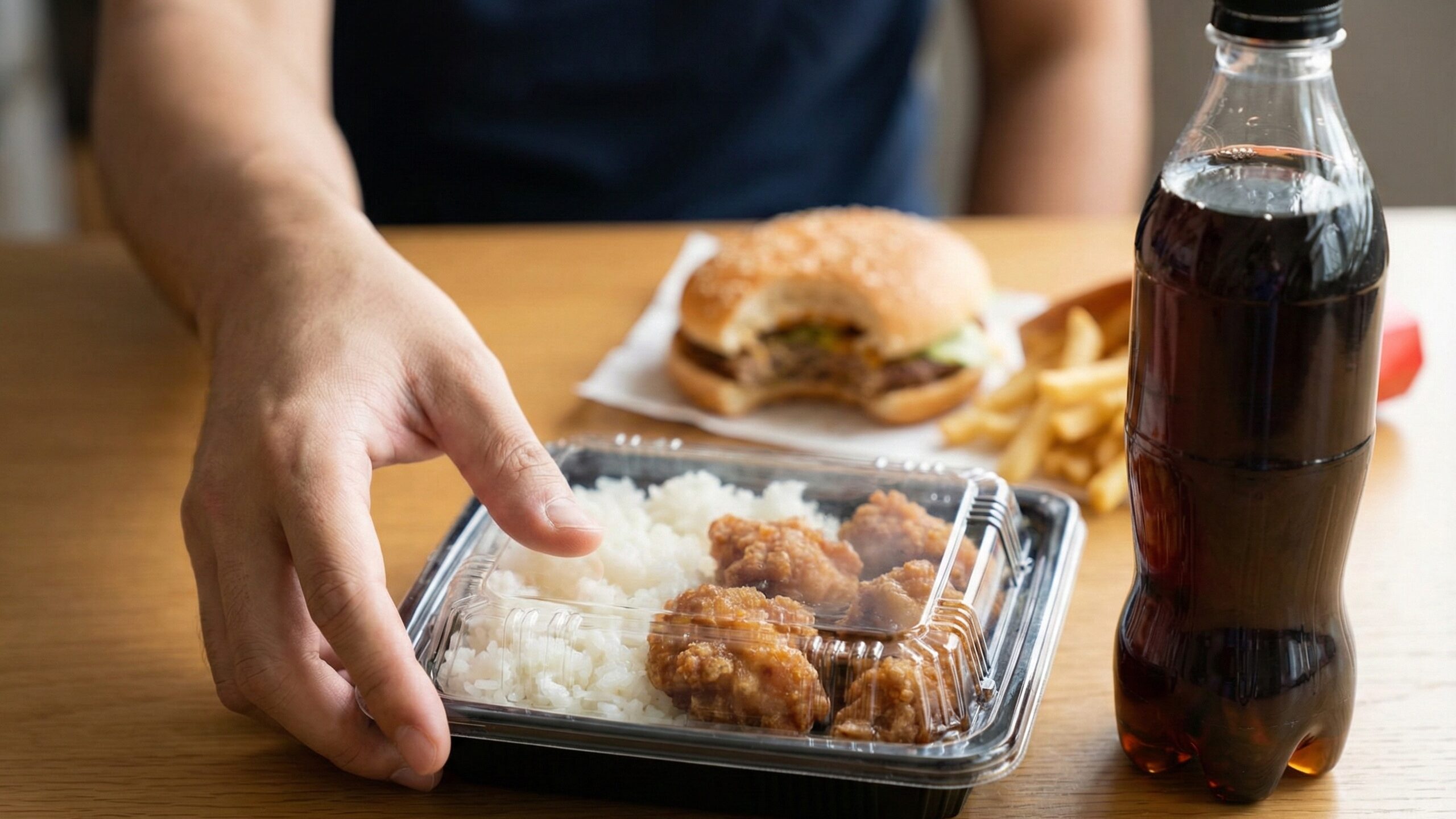 野菜がほとんど入っていない唐揚げ弁当に手を伸ばしている男性。炭酸飲料、ハンバーガーとポテトがテーブルに並んでいる様子。