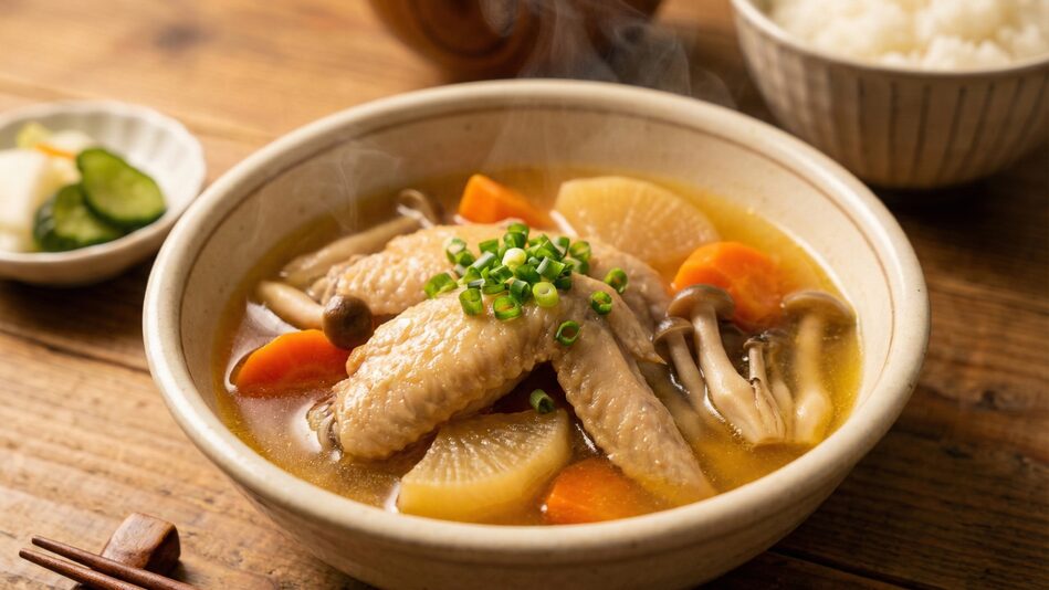 コラーゲンを含む鶏手羽先とビタミン豊富な野菜を煮込んだ、乾燥肌を内側から潤す温かい食事メニュー。