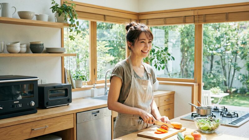毎日の食事でミネラルを上手に摂るために、自宅のキッチンで手際よく野菜を調理する女性。