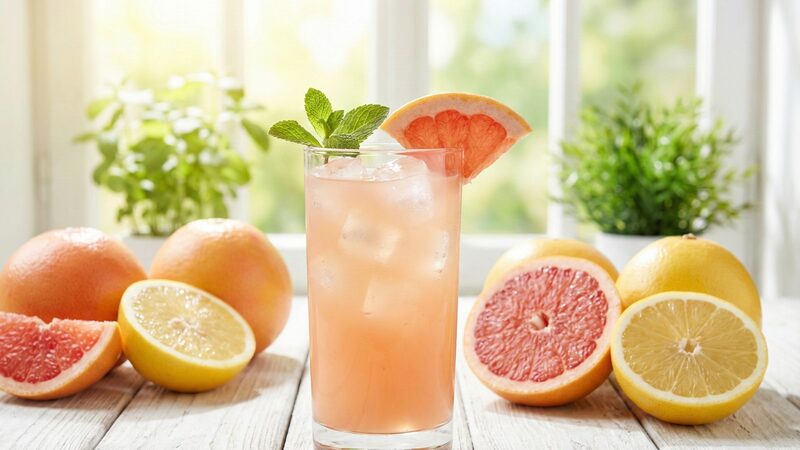 氷がたっぷり入ったピンク色のドリンクのグラス。縁にはグレープフルーツとミントが飾られ、周囲にカットされた果実が並ぶ。