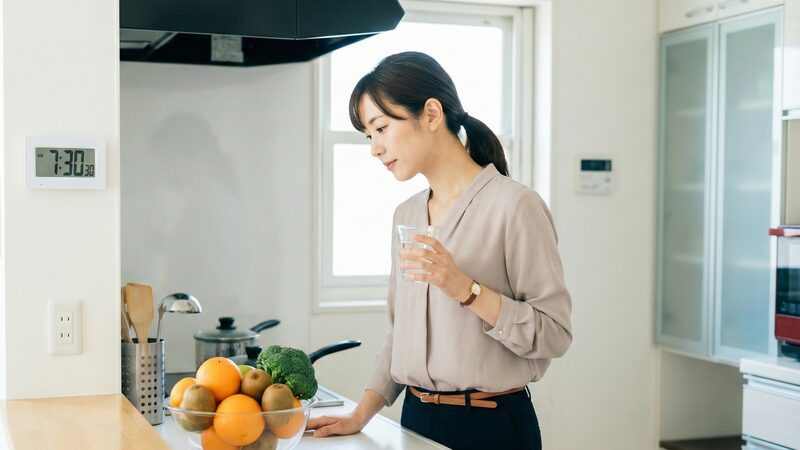 午前7時30分を指すデジタル時計があるキッチンで、オレンジやキウイが盛られたボウルを前に、グラスの水を飲む女性。