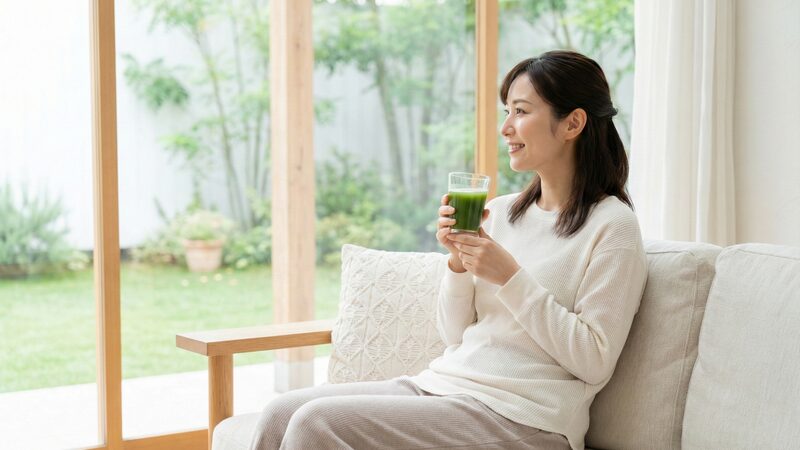 青汁とビタミンCを組み合わせて効率よく栄養を摂取する、リラックスした表情の女性の習慣。