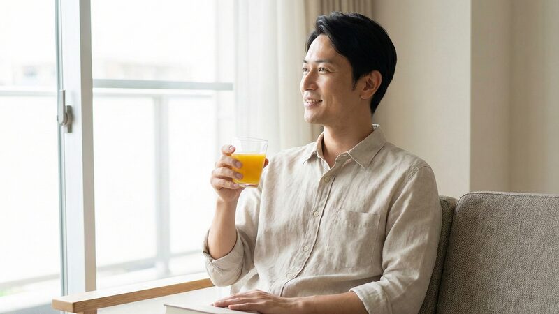 日常生活の中でビタミンCを摂取するシーン。リラックスタイムにオレンジ色の健康的な飲み物を楽しむ男性。