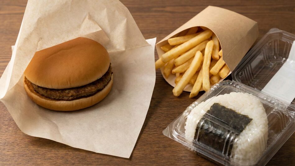 テーブルに、野菜を含まないハンバーガーとポテト、おにぎりが並ぶ様子。