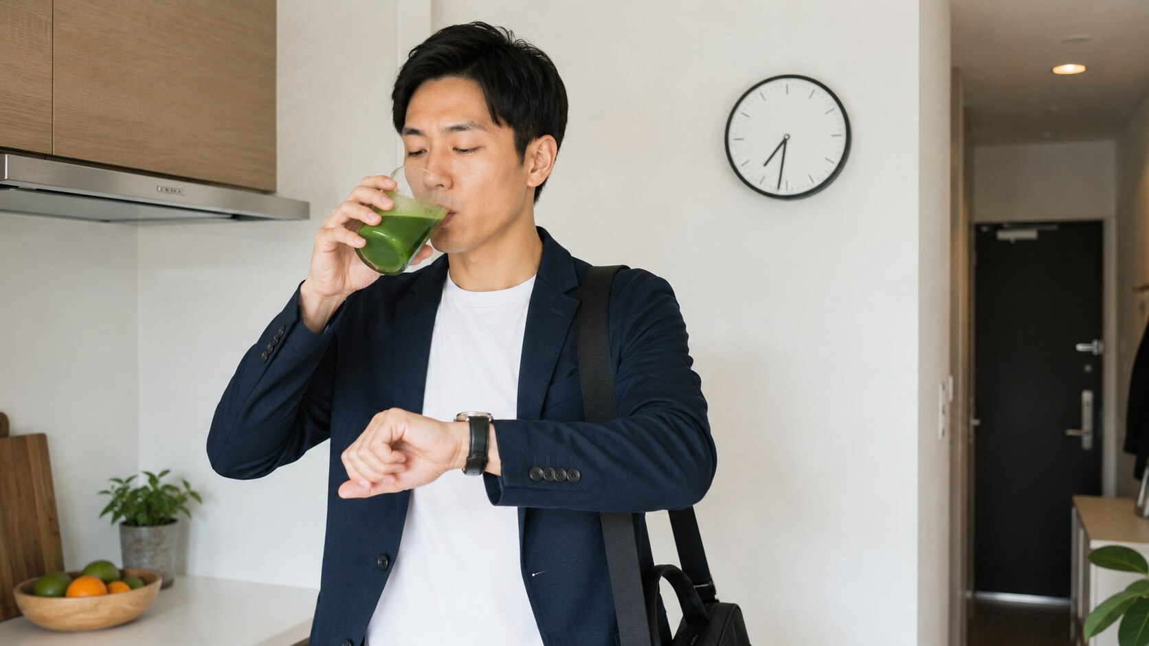 忙しい朝でも手軽に栄養を補給できる青汁。時計を確認しながらクイッと一杯飲むビジネスマン。