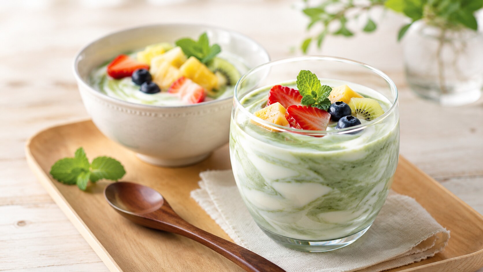 朝食にぴったりの青汁ヨーグルト。フルーツを添えて、青汁の栄養をおいしく摂取する方法。