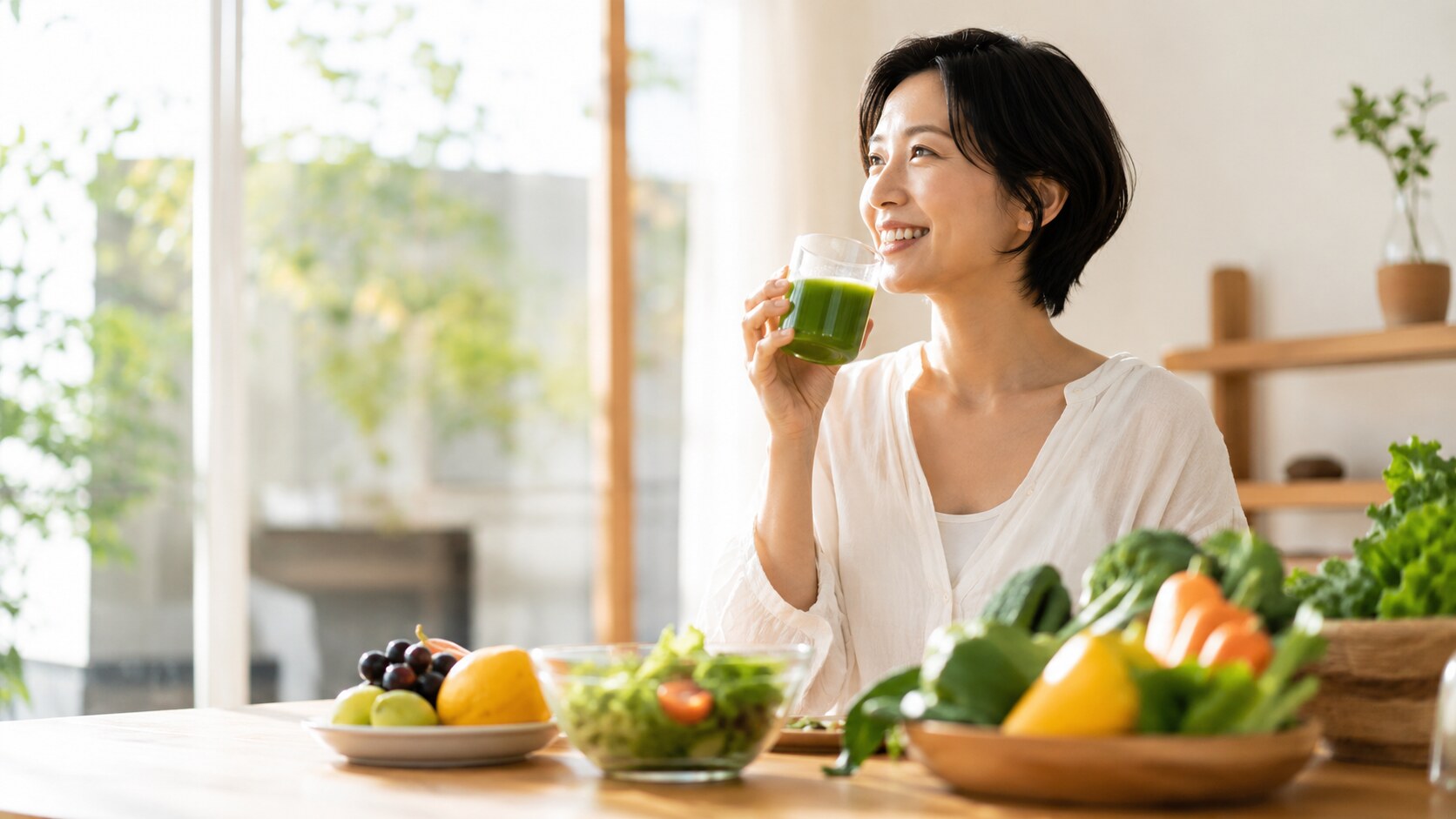 青汁を飲むことを健康習慣にしている、晴れやかな表情の女性。おいしく続けるメリットを表現。